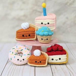 Crochet Dessert Pattern Pack, Amigurumi Birthday Cake, Pumpkin Pie, Cupcake, Cheesecake, and Donuts